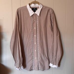 Hunt Club Vintage Tan Striped Button Down Shirt Lace Trim Collar Tall 20